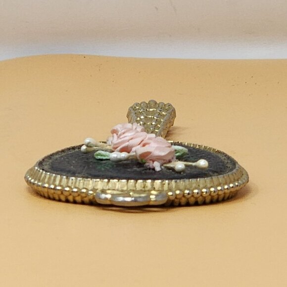 Vintage Handheld Vanity Mirror With Embroidered Pink Roses & Gold Beaded Trim - Picture 4 of 9